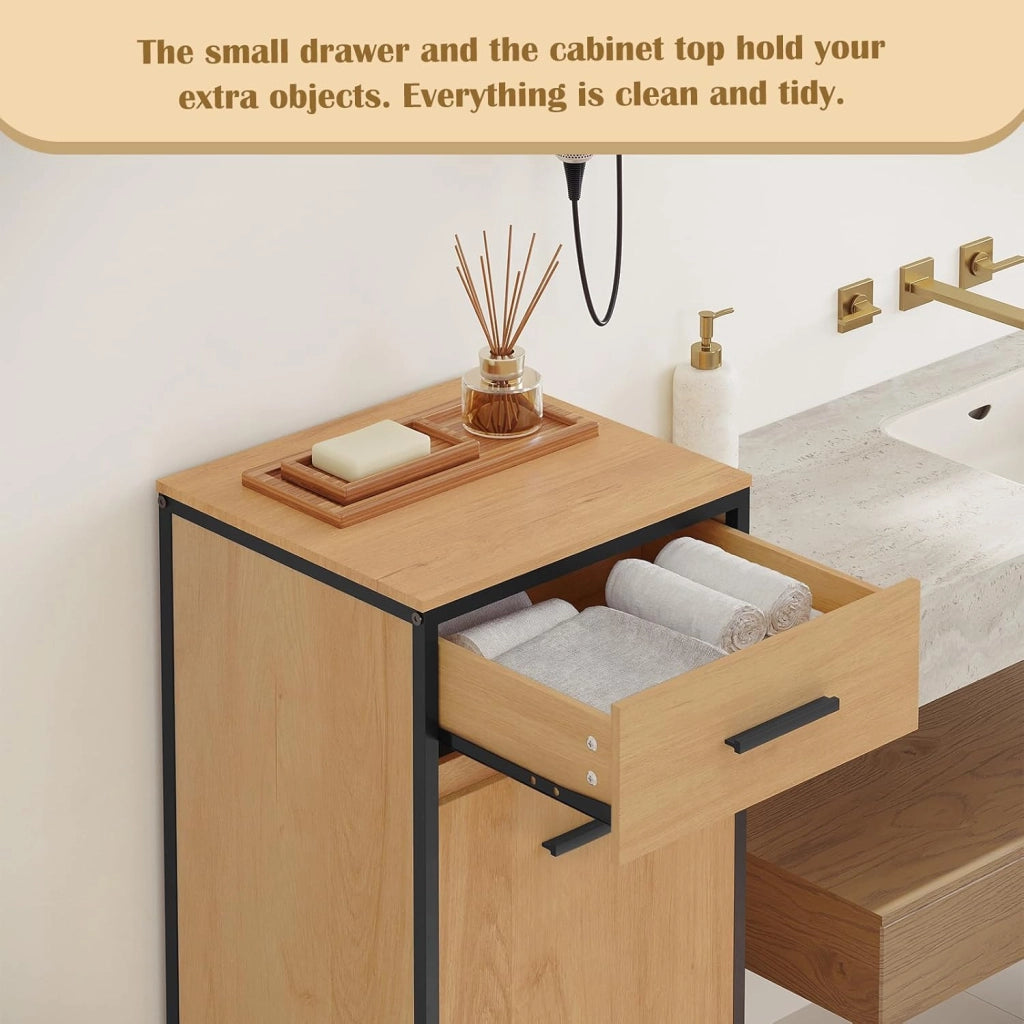 Mobile da Bagno Con Cassetto e Sacco per la Biancheria, Struttura in Metallo e MDF, Rovere Chiaro + Nero, 38x34x80 cm