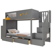 Letto a Castello 90×200 cm; Letto Singolo con 2 Cassetti; Scala di Sicurezza e Scrivania; senza Materasso; Grigio
