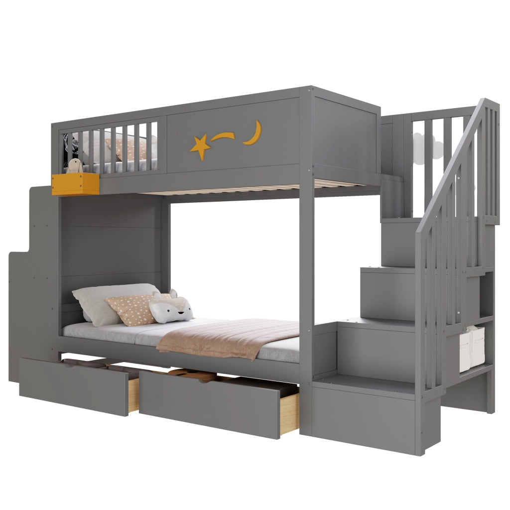 Letto a Castello 90×200 cm; Letto Singolo con 2 Cassetti; Scala di Sicurezza e Scrivania; senza Materasso; Grigio