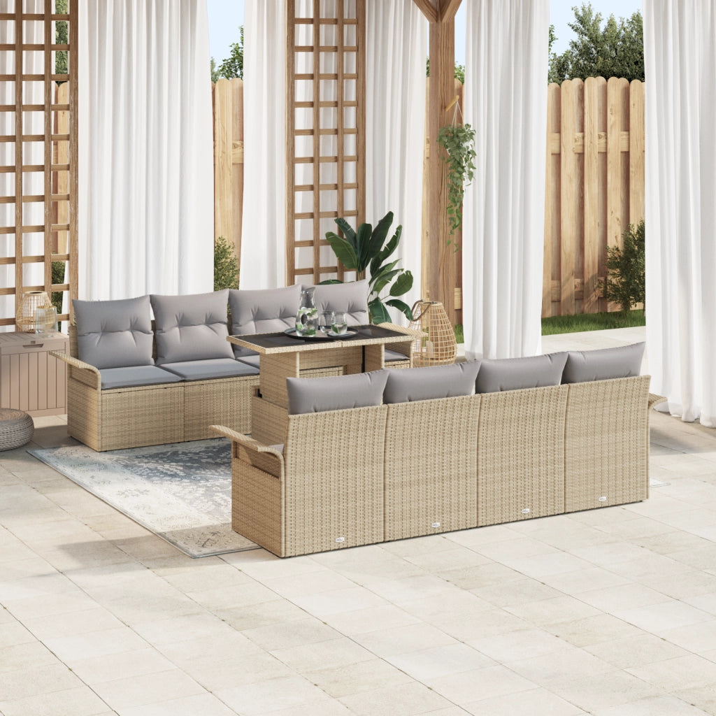 Set di Divani da Giardino  9 Pezzi con Cuscini Beige Rattan Poli