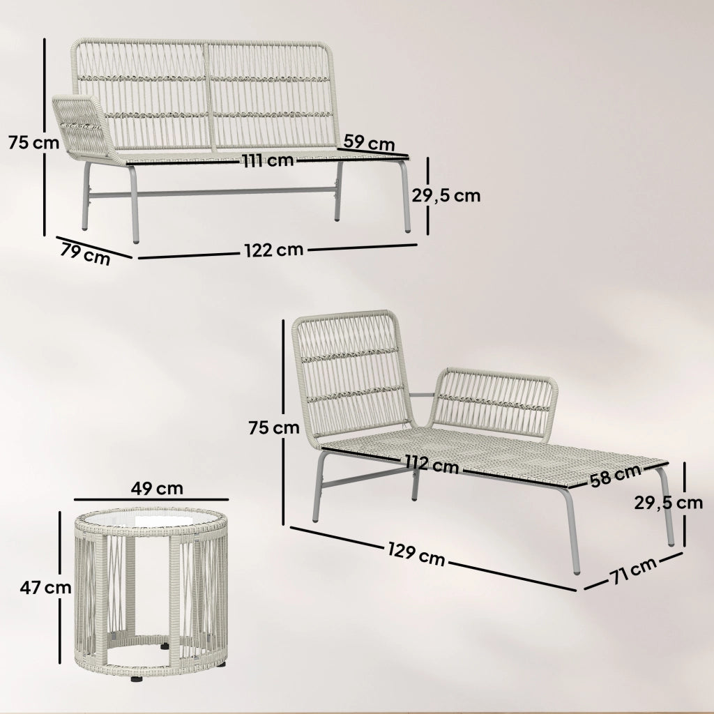 Set salotto da giardino 3 pezzi ¨C zephmum ¨C polyrattan grigio con cuscini e tavolino vetro