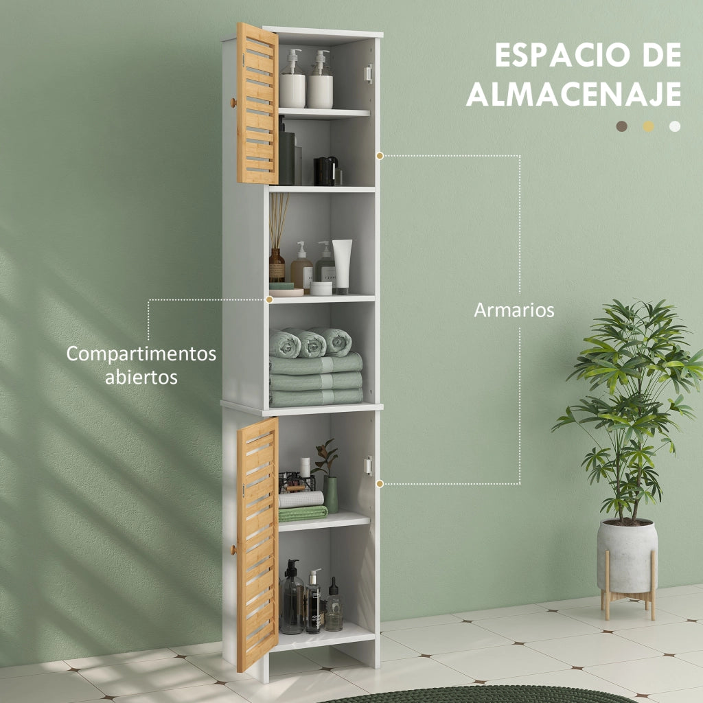 Mobile Bagno con Ripiani Regolabili e Ante in Bamb¨´ ¨C Zephmum ¨C 35x30x170 cm Bianco e Naturale