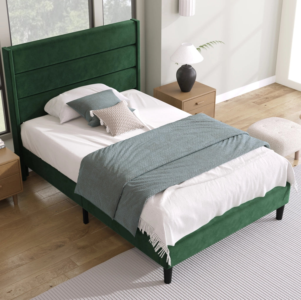Letto imbottito 90x200 cm in velluto verde con rete a doghe e materasso H3