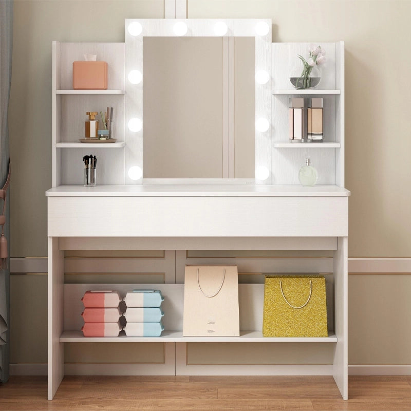 Tavolo da trucco moderno con specchio a LED, 110 cm, presa elettrica