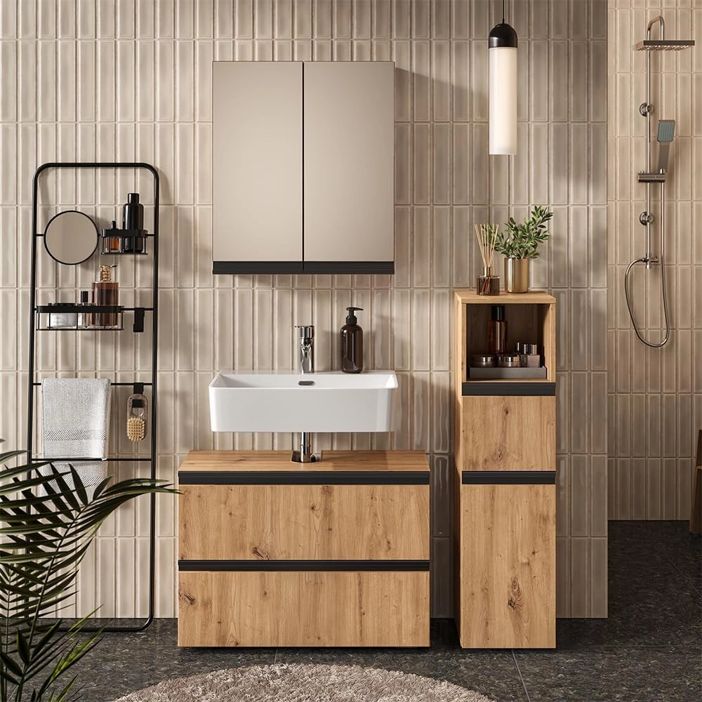Set di mobili da bagno Torren, Artigiano, 80 cm, composto da mobile sottolavabo, specchiera e mobile medio