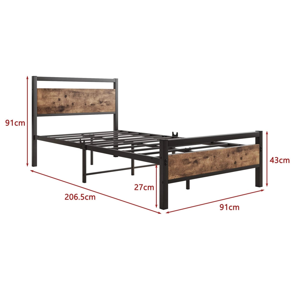 Letto singolo ULEVR 90x200 cm in metallo e MDF con rete a doghe, testiera e pediera marroni