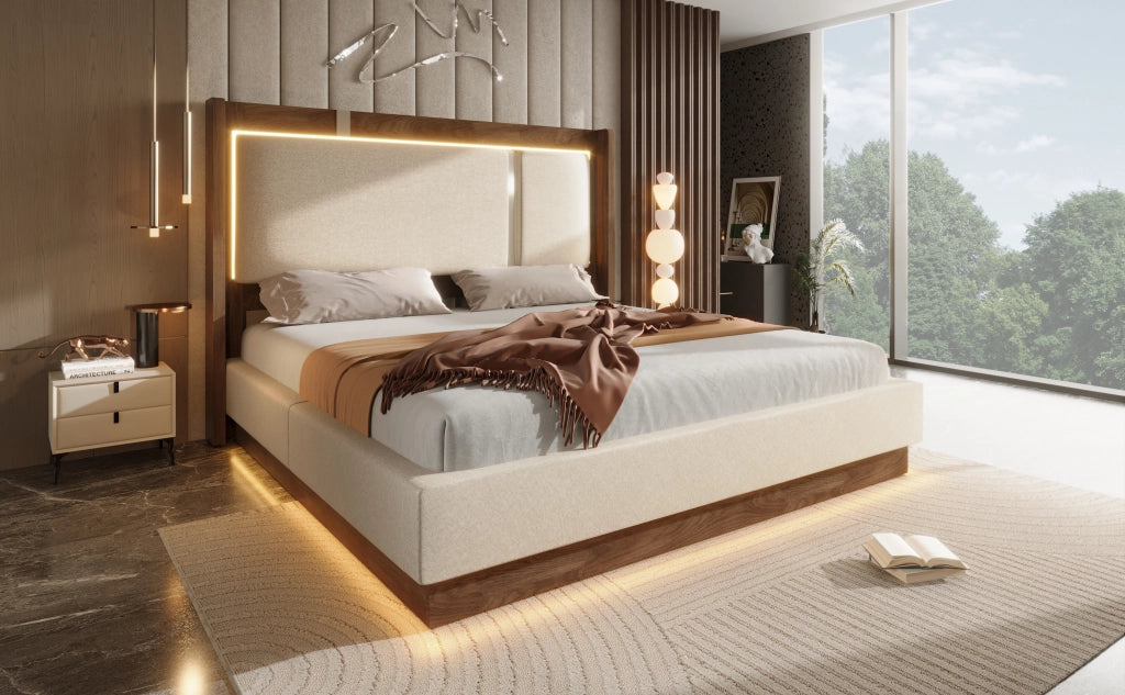 Letto matrimoniale 140 × 200 cm con LED e contenitore idraulico, senza materasso, in lino beige