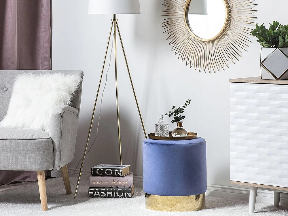Poggiapiedi rotondo in velluto blu con pouf da toeletta Glam Sgabello con dorato