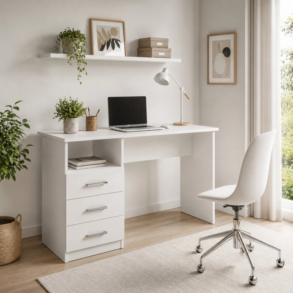 Scrivania Moderna Salvaspazio Con Cassetti Laterali Mobile Desk Per Studio Ufficio PC Cameretta E Soggiorno 120 X 72 X 48 Cm Bianco