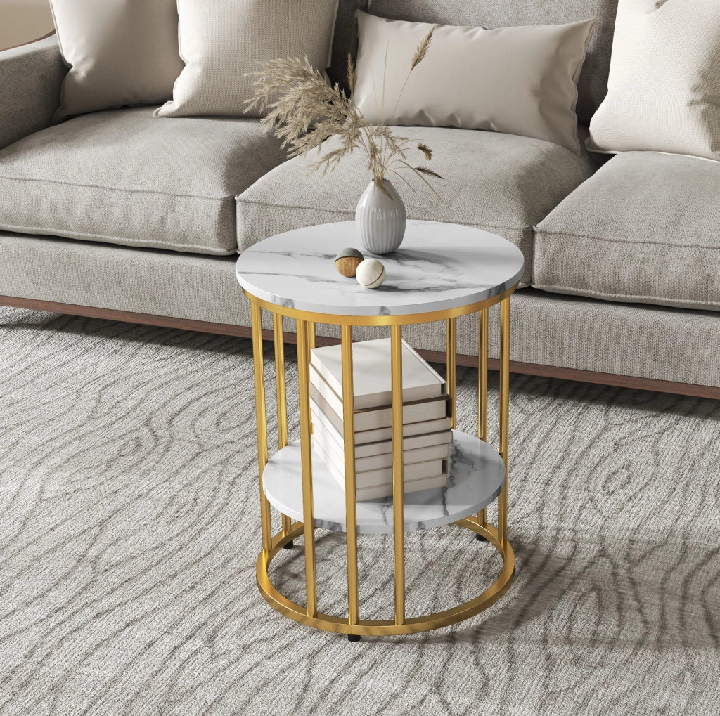 Set di 2 tavolini rotondi con ripiano effetto marmo bianco