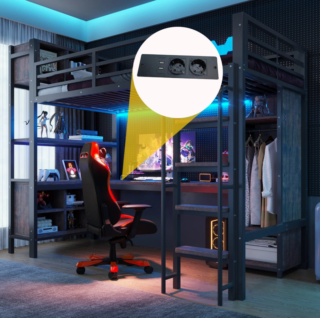 Letto a soppalco multifunzione 90x200 cm con scrivania; armadio; LED e prese EU; nero
