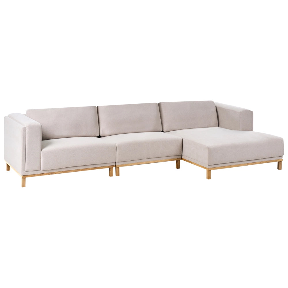 Divano angolare in velluto a coste a 5 posti con braccioli e gambe in legno beige chiaro in stile moderno