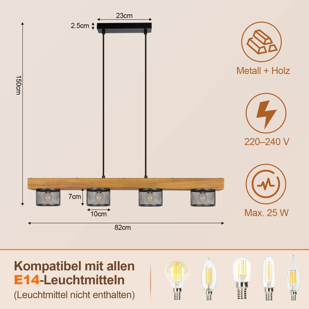 ZMH Lampada a Sospensione Vintage in Legno Nero 4 Luci con Trave in Legno E14 per Sala da Pranzo Senza Lampadina