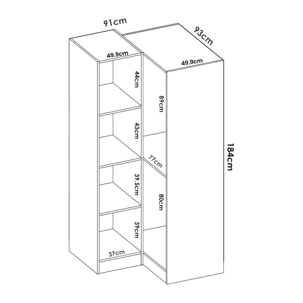 Guardaroba Aser, Mobile angolare per camera da letto, Armadio appendiabiti ad angolo a 2 ante battenti, 91x93h184 cm, Bianco