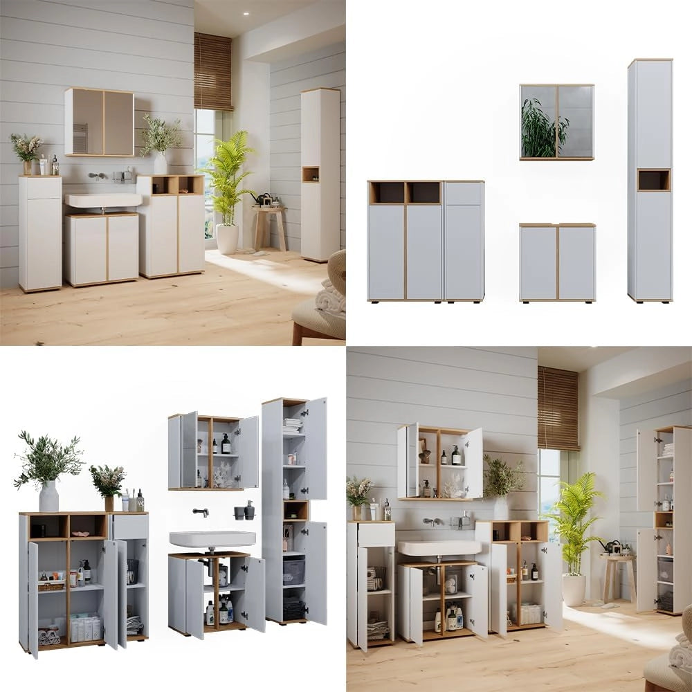 Set mobili bagno Didi, Bianco/Artisan, 60 cm, composto da set con armadietto a specchio, base lavabo, 2 pensili medi e colonna