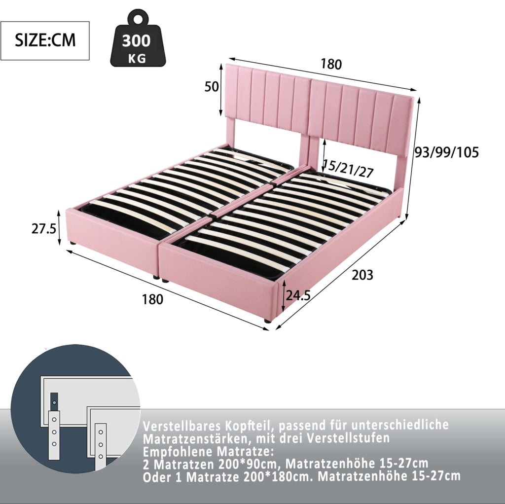 Letto imbottito 180x200 cm con contenitore idraulico; convertibile in 2 letti; rosa