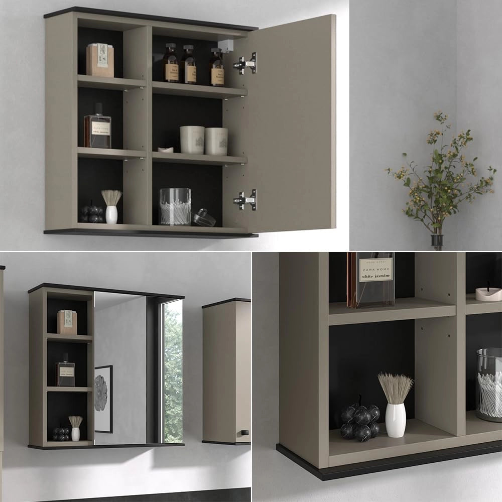 Mobile a specchio per il bagno Joli, Grigio, 60 x 60 cm con specchio, adatto al montaggio a parete per riporre accessori da bagno