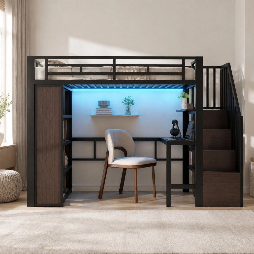 Letto a soppalco 90x200 cm con scrivania, LED e ripiani