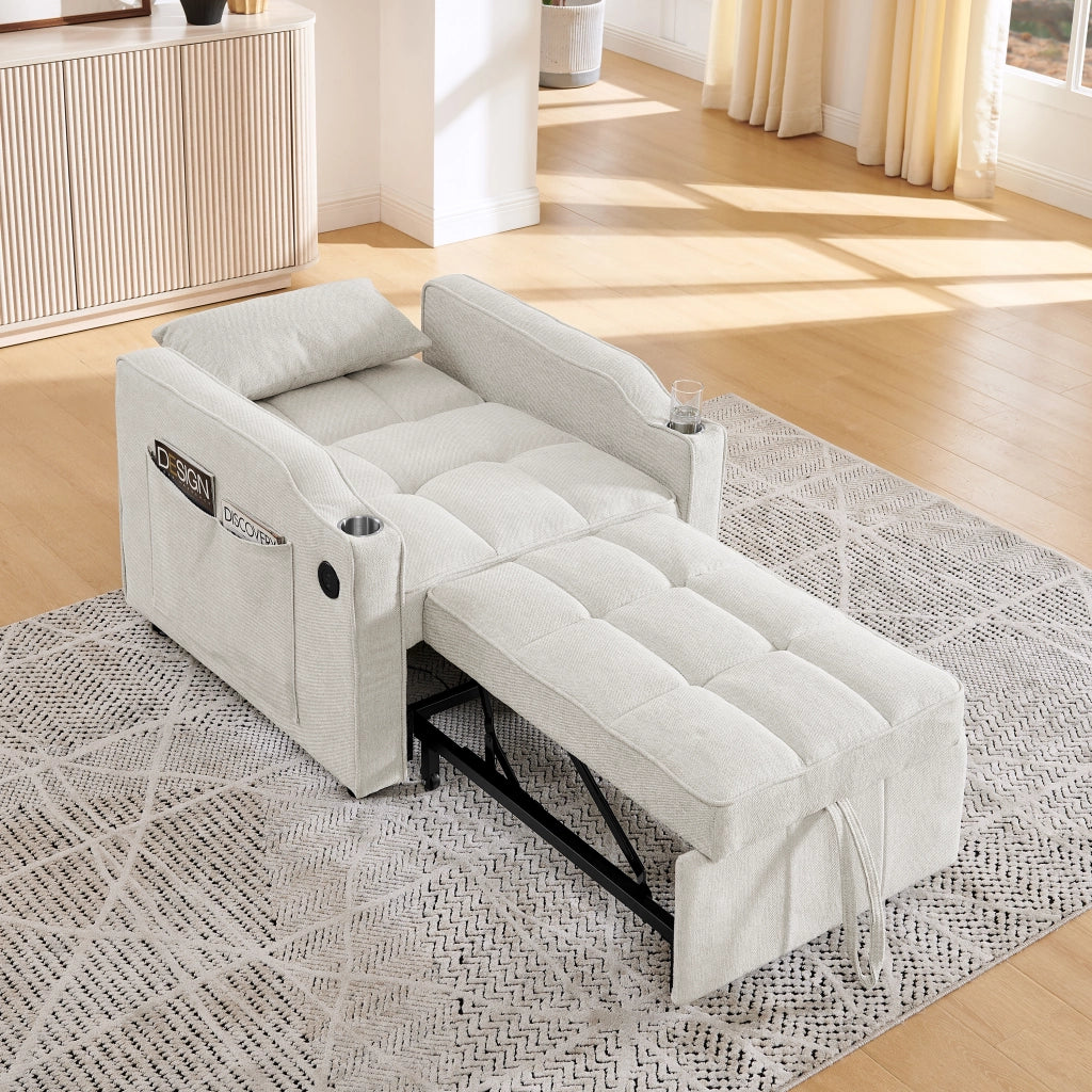Poltrona letto convertibile con schienale regolabile a 3 posizioni e porte USB e USB-C in tessuto beige 190 × 85 × 86 cm