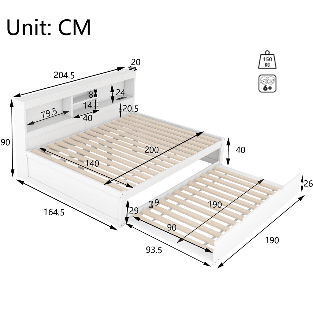 Letto da giorno con letto estraibile; per materasso 140x200 cm; luce d’ambiente; prese e USB; bianco