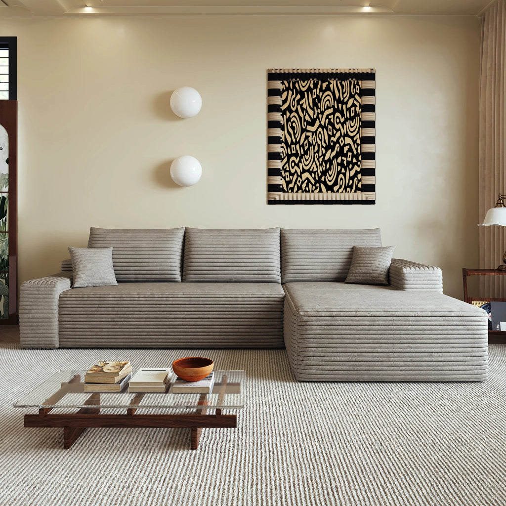 Divano angolare modulare con chaise longue e schiuma elastica in velluto a coste rigato camel