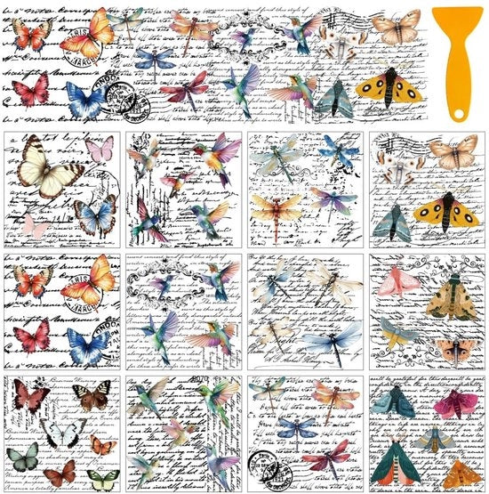 Sticker trasferibili 12 fogli - Poesie animali - Disegni colorati farfalle/colibrì/libellule - Trasferirsi strofinando - Sticker per mobili - 12 x 13 cm - Sticker decorativi