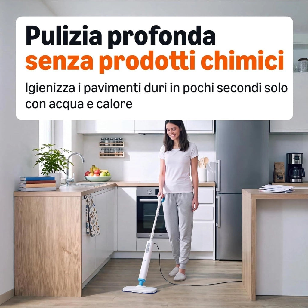 Amazon Basics Scopa a Vapore Pavimenti Duri + 6 Panni e Tamponi Lavabili
