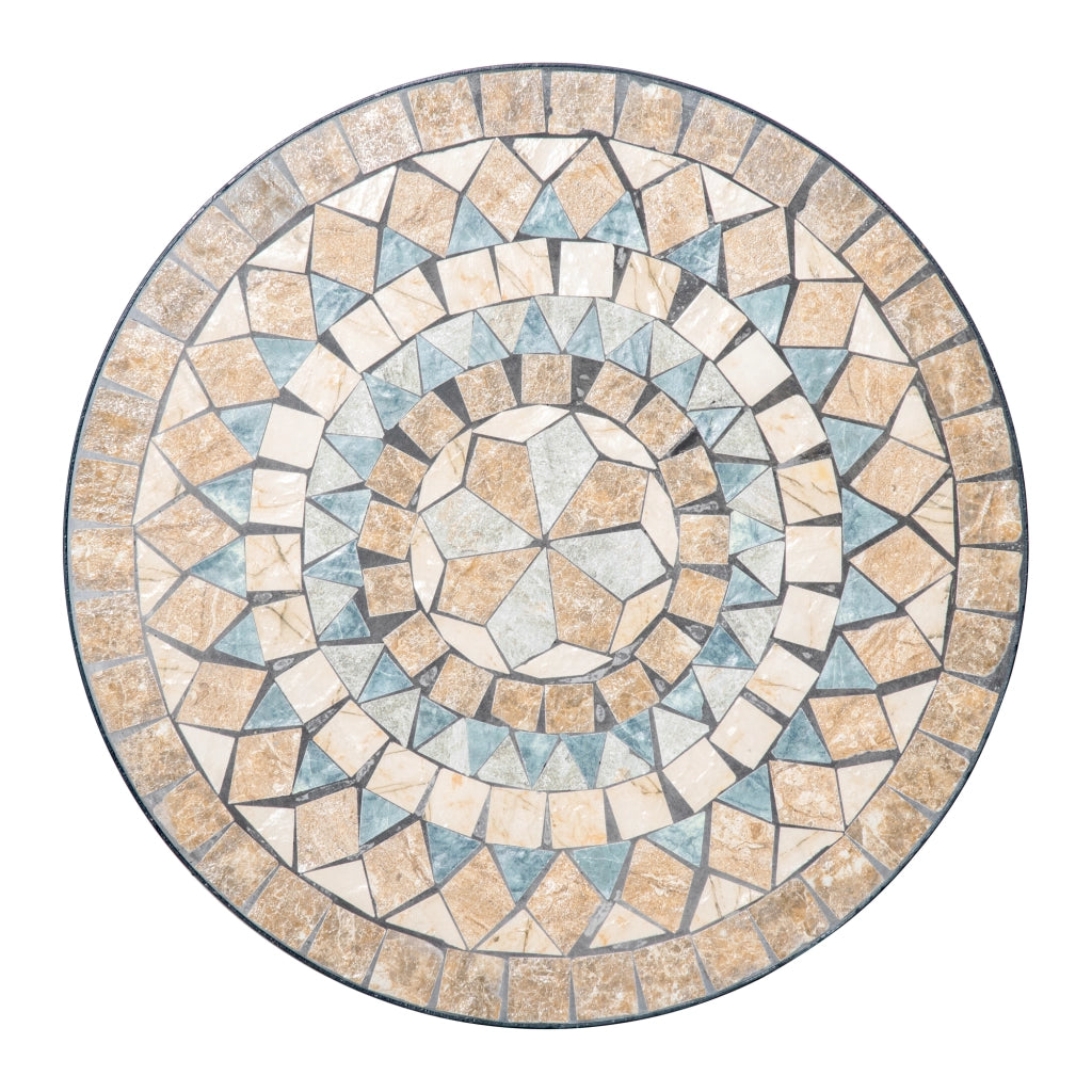 Tavolino da giardino; tavolo a mosaico; tavolo bistrot rotondo; tavolino laterale con piano a mosaico; ceramica; metallo; verde + beige + bianco; ? 60 cm