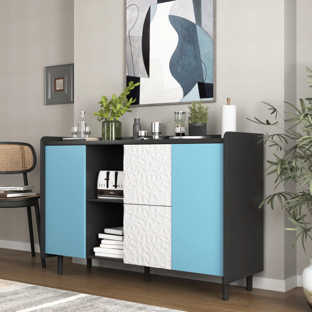 Credenza con 2 Cassetti; 2 Vani Aperti e 2 Ante; Stile Moderno; in MDF; Nero e Blu; 120??40??80 cm