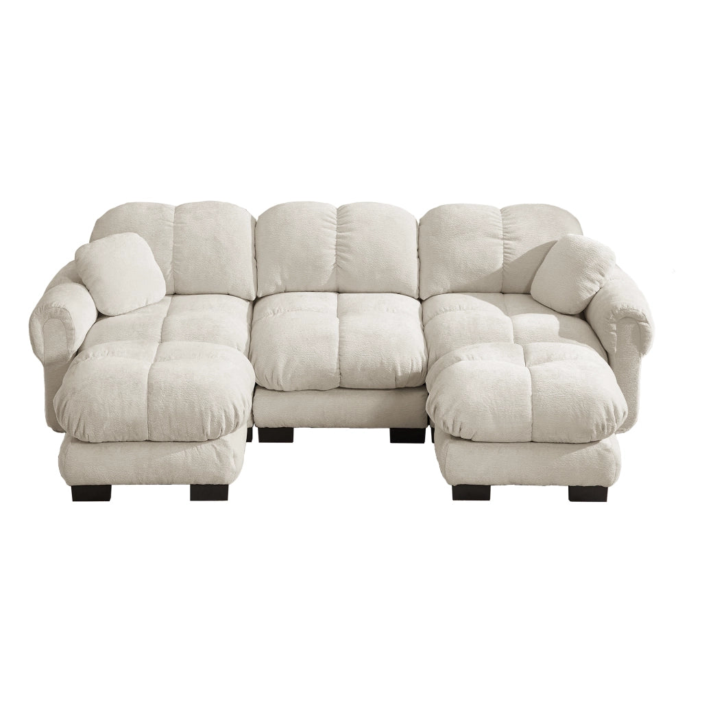 Divano angolare convertibile 3 posti con pouf mobile e cuscino, in Chenille, Beige chiaro