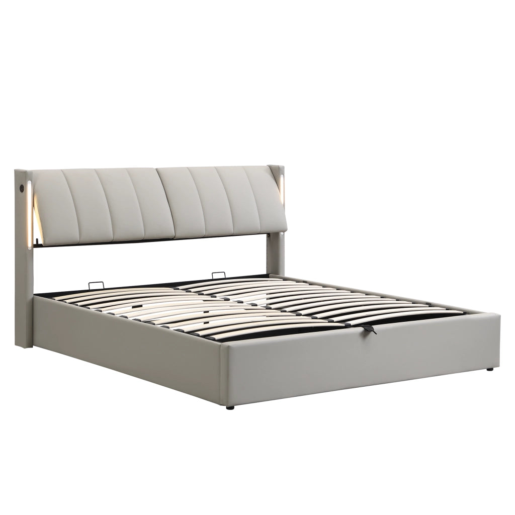 Letti contenitori 160x200 cm con USB e luci LED; PU; grigio (Senza materasso)