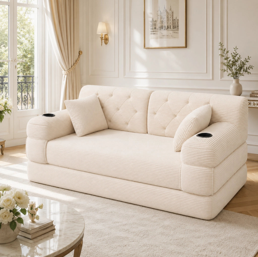 Divano letto in velluto a coste beige con tasche e portabicchieri