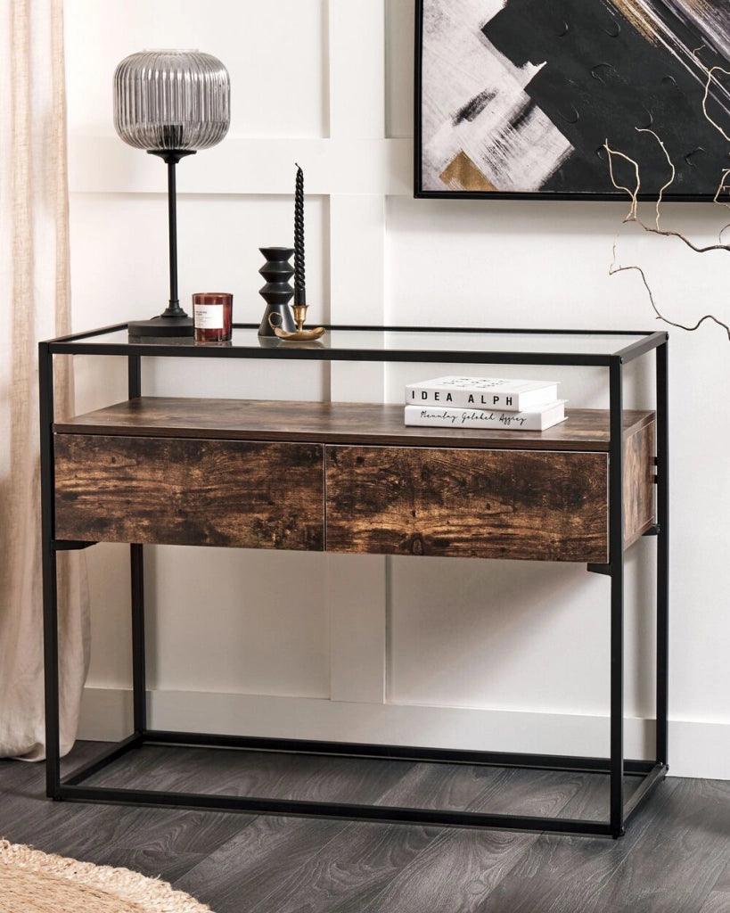 Tavolo consolle moderno piano in vetro struttura in metallo con 2 cassetti in legno scuro
