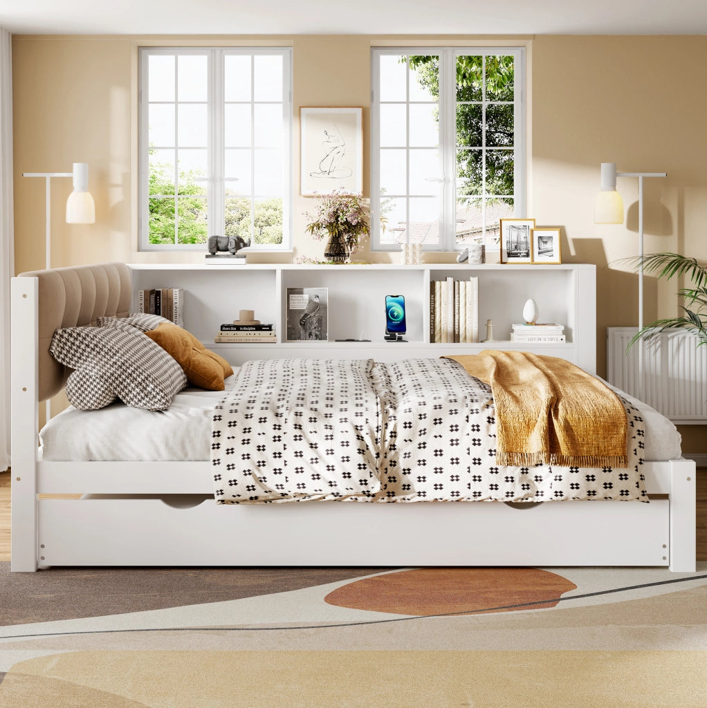 Letto daybed 140x200 cm con letto estraibile; LED dimmerabile; USB e scaffale laterale; bianco