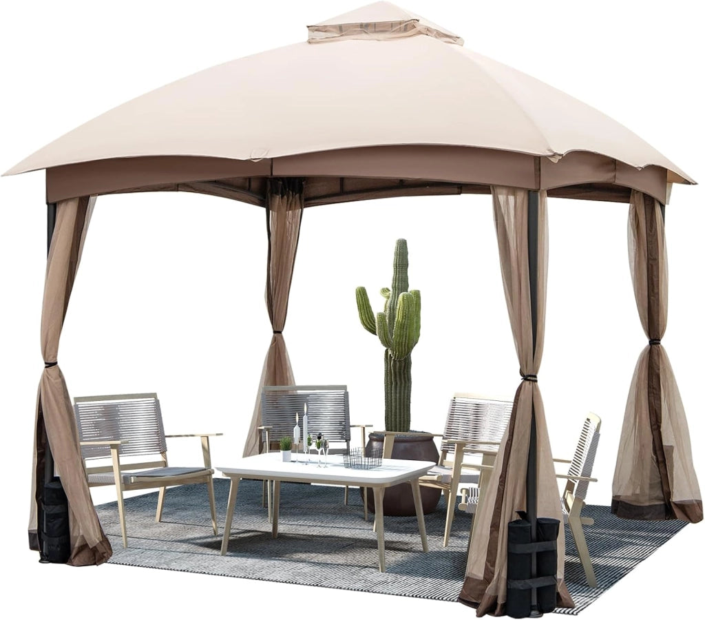 Gazebo per Esterno 3 x 3 m in Tessuto in Poliestere Resistente a Sole e Pioggia, Tendone a Tetto con Rete e Sacchi di Sabbia, Tendone a Tetto per Feste e Campeggio da Giardino, Balcone Cachi