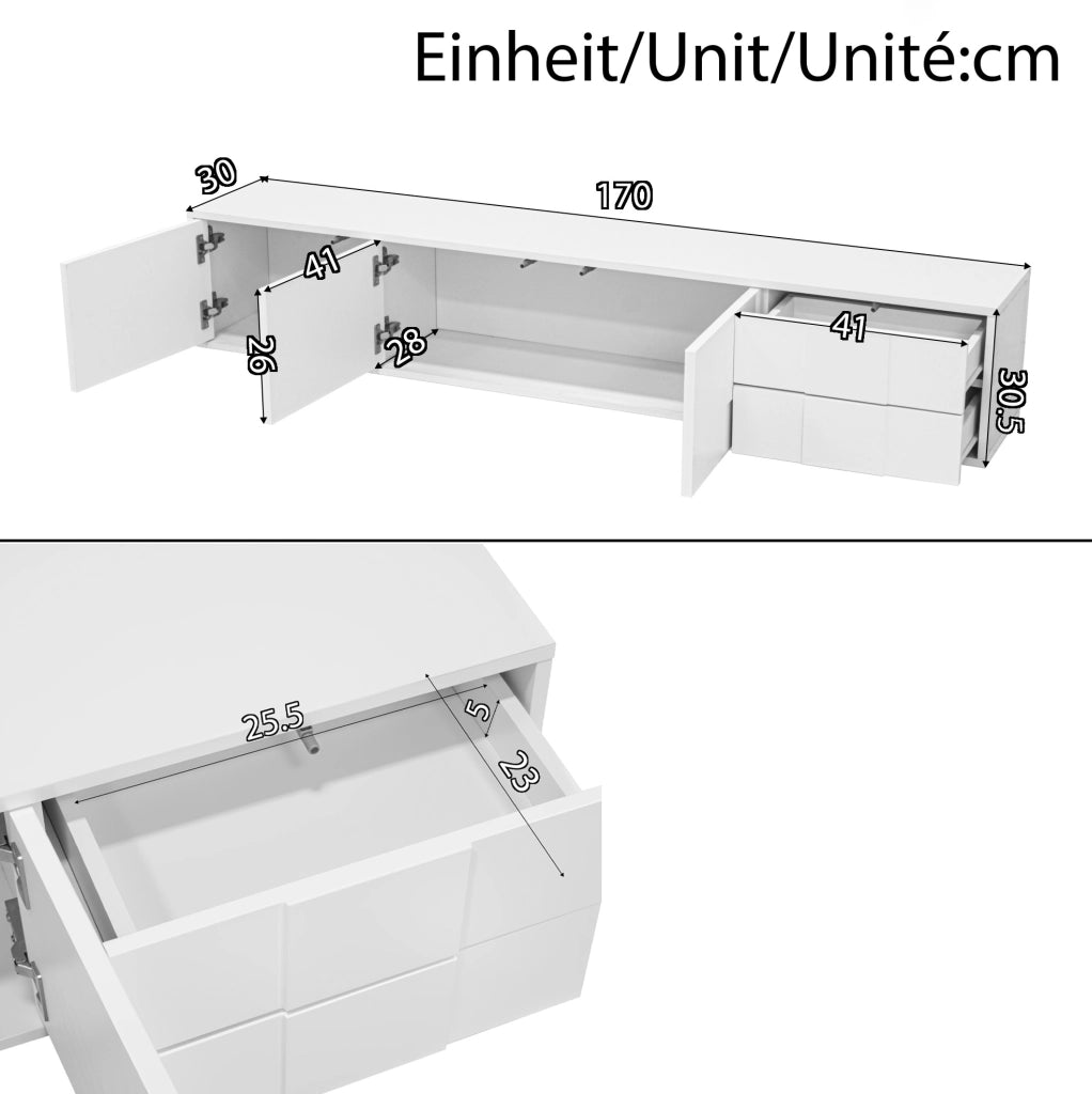 Mobile TV 170x30x30.5 cm con 3 ante e 2 cassetti; installazione a parete o a terra; MDF e pannelli di particelle bianco