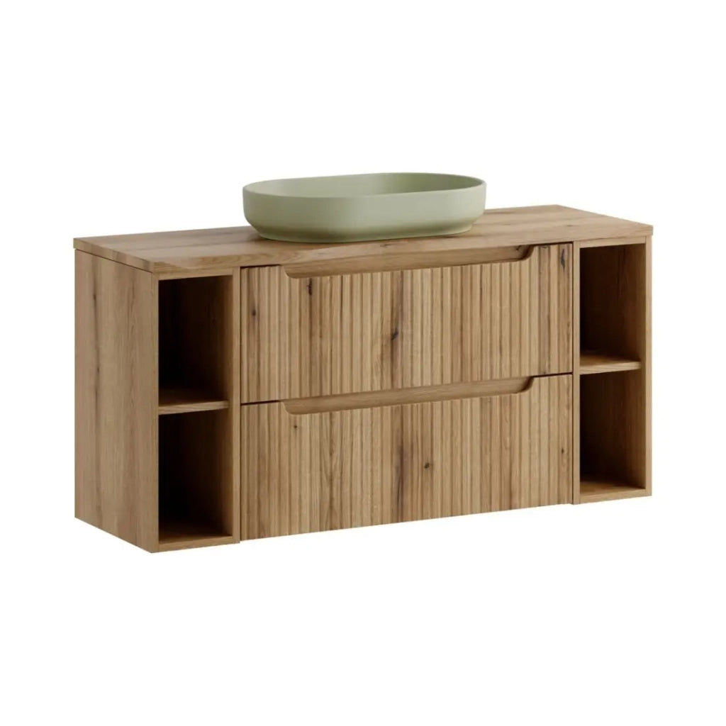 Set VANO rovere chiaro 120cm : mobile sottolavabo con cassetti e nicchie a vista + piano per lavabo + lavabo ovale da appoggio