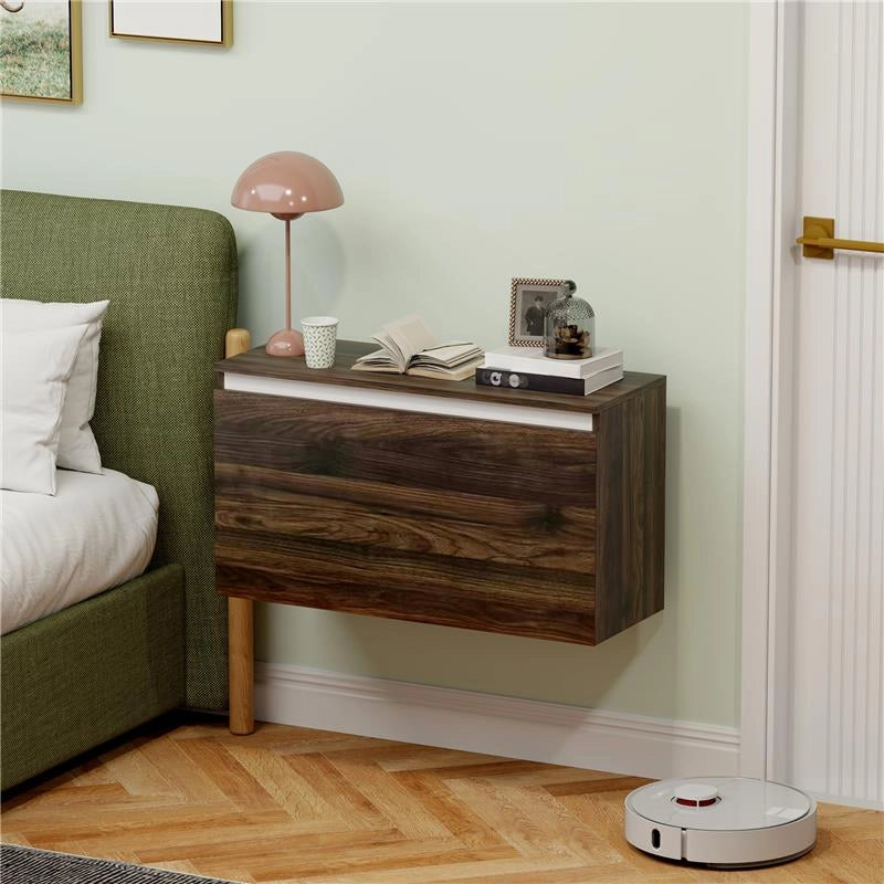 COMODINO SOSPESO CON CASSETTO SENZA MANIGLIE E CON FISSAGGIO A PARETE 80X30X45 CM NOCE