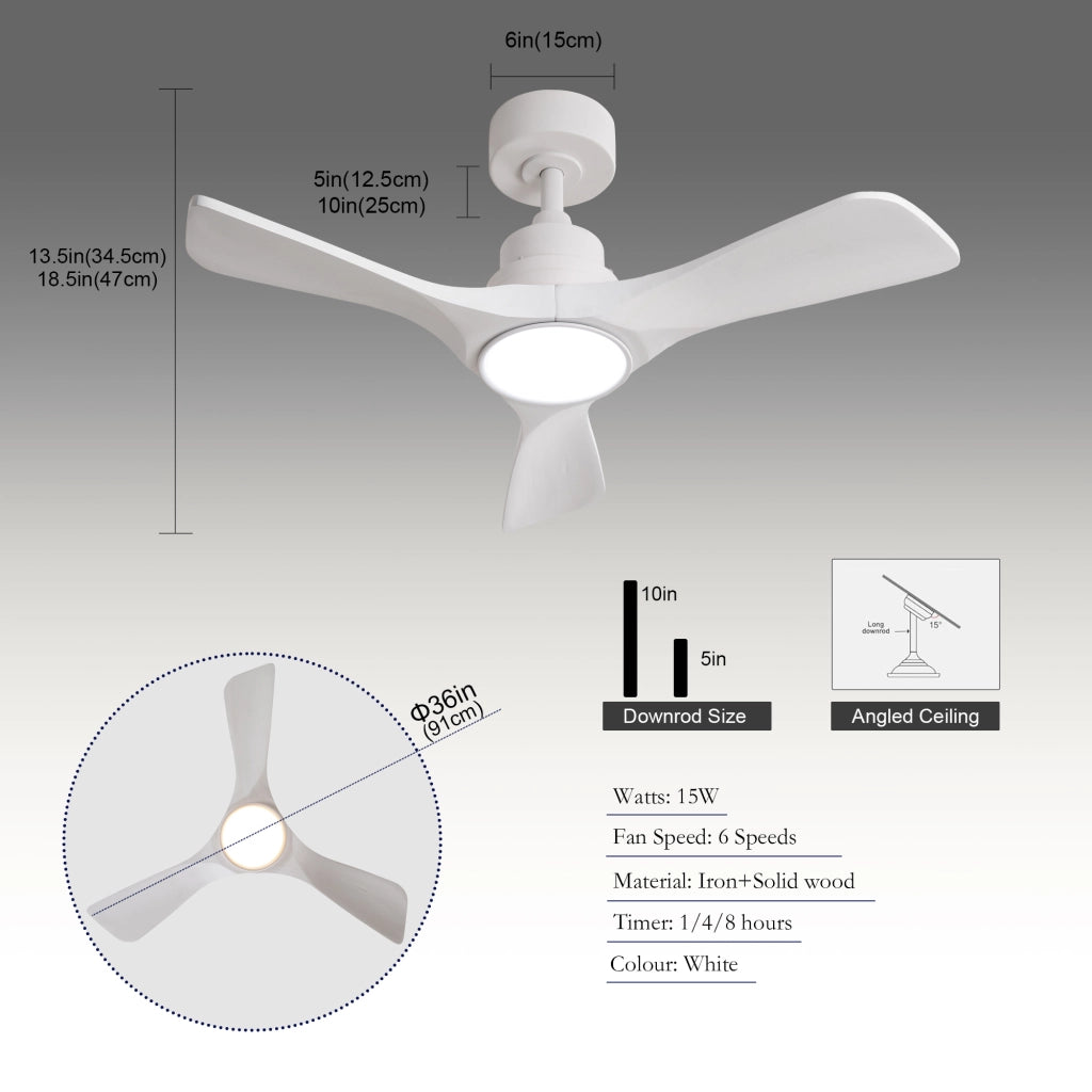 Ventilatore da soffitto bianco con 3 pale in legno; luce LED dimmerabile e motore DC reversibile