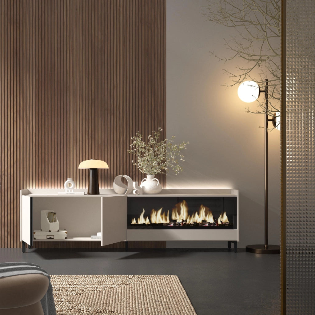 Mobile TV Soggiorno, 212x61x35 cm, Per TV fino a 80", Camino elettrico XXL, Design industriale, LED, Beige