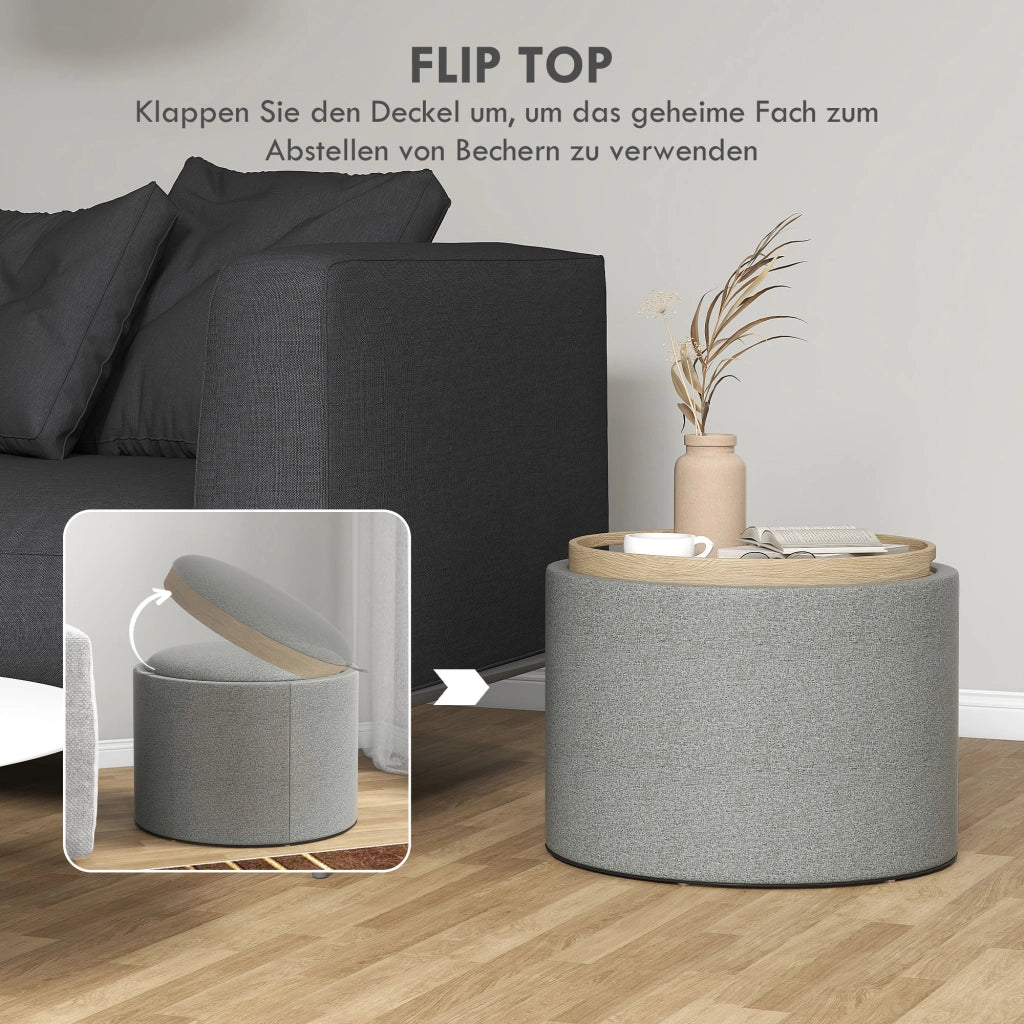 POUF Contenitore Rotondo 56x56x42 cm Grigio Effetto Lino MDF