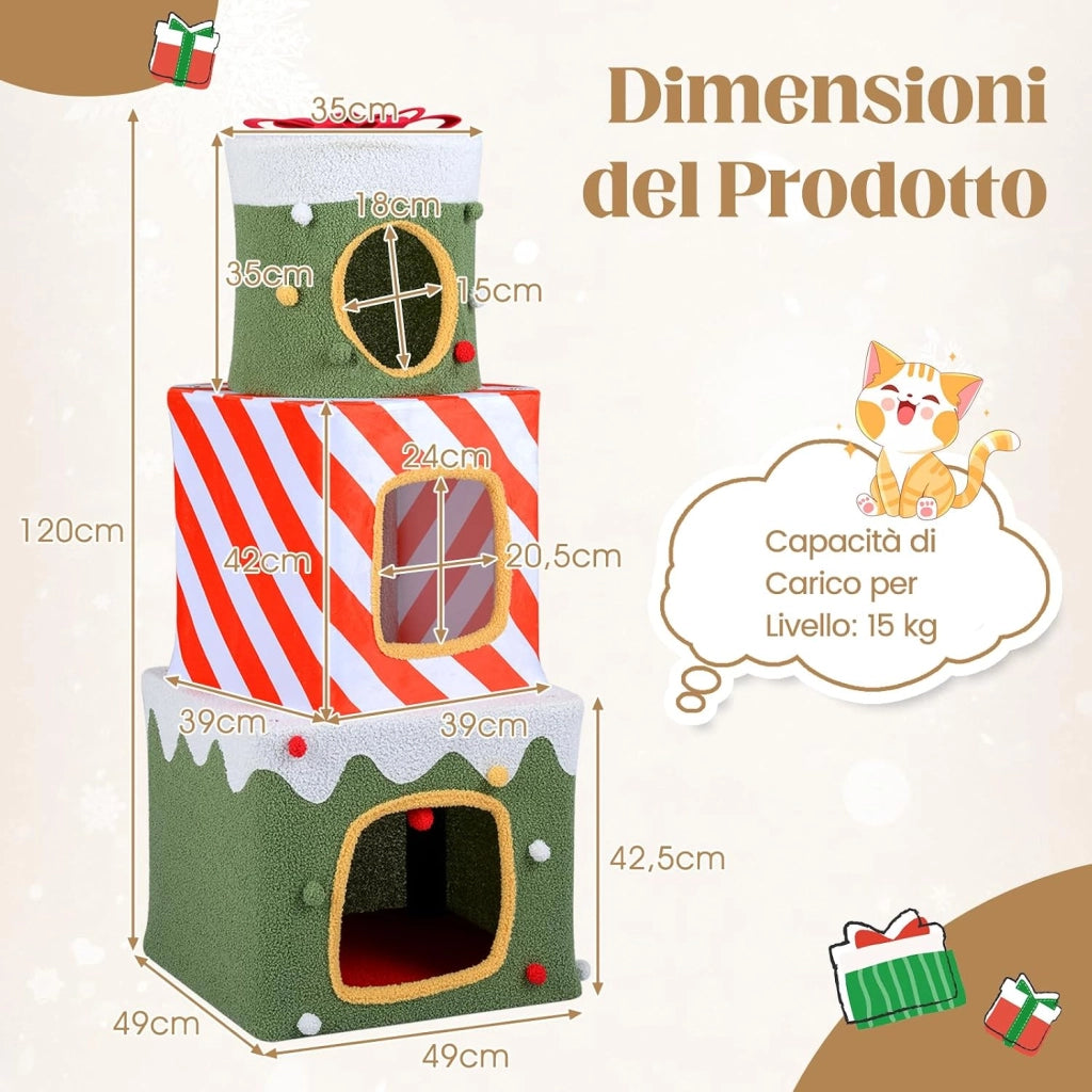 Albero di Natale per Gatti da Interno, Tiragraffi per Gatti con 3 Condo, Caverne Nascoste e Pallina Appesa, Grande Torre Impilabile a Forma di Scatola Regalo per Decorazioni Natali