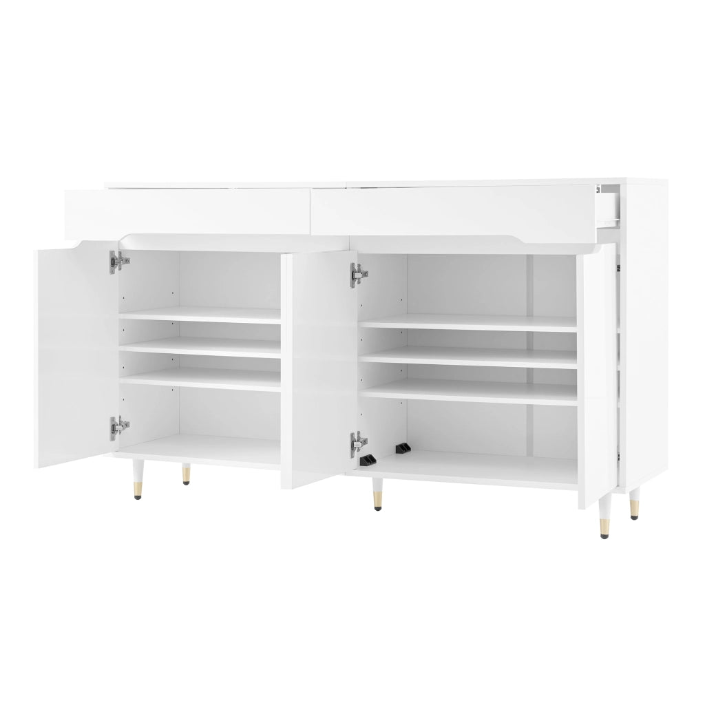 Scarpiera moderna con ante; 2 cassetti e ripiani regolabili; 140 x 39 x 84 cm; bianca e oro