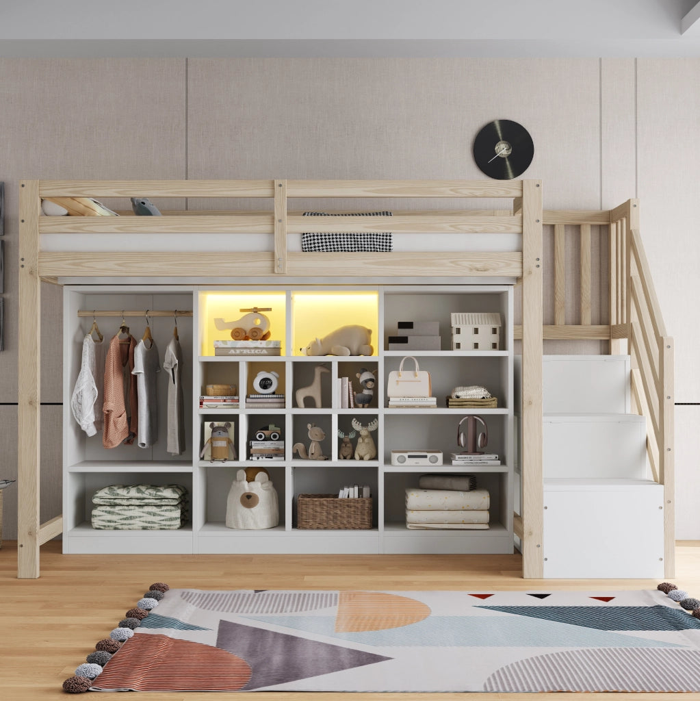 Letto a soppalco 90x200 cm con armadio, LED e scala contenitore