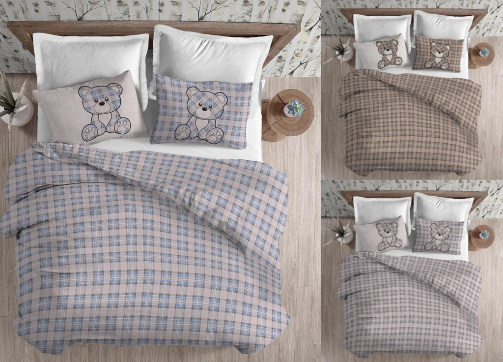 Copripiumino Sacco Piumone Cotone Flanella Pensieri Delicati Orsetto Tartan - Matrimoniale - Grigio