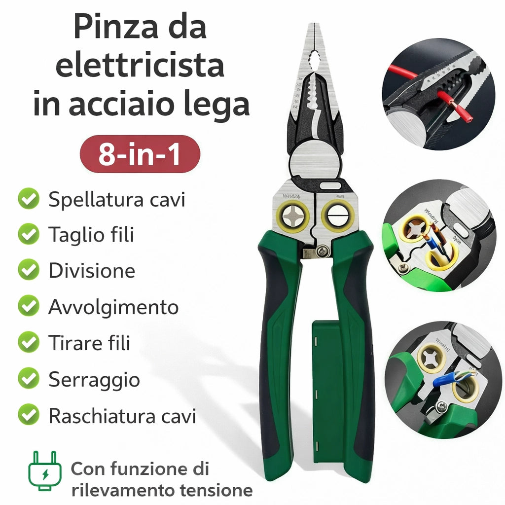 Pinza Spelafili 8 in 1 con Tester Tensione AC/DC 12–250v Pinza per Taglio 07828