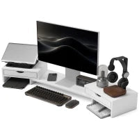 Alzata per Monitor da Scrivania per Computer da 60-116 cm con 2 Cassetti, Lunghezza e Angolo Regolabili, Bianco