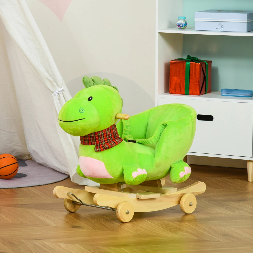 Cavallo a Dondolo con Ruote, Cavalluccio a Dondolo a Forma di Drago per Bambini 18-36 Mesi, in Legno e Peluche Verde
