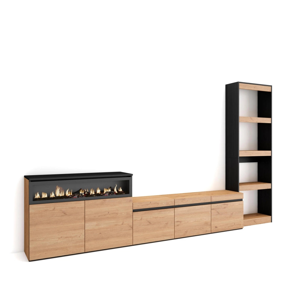 Mobile TV, Soggiorno, 310x35x186cm, Per TV fino a 65", Camino elettrico, colore Rovere e nero RF3153