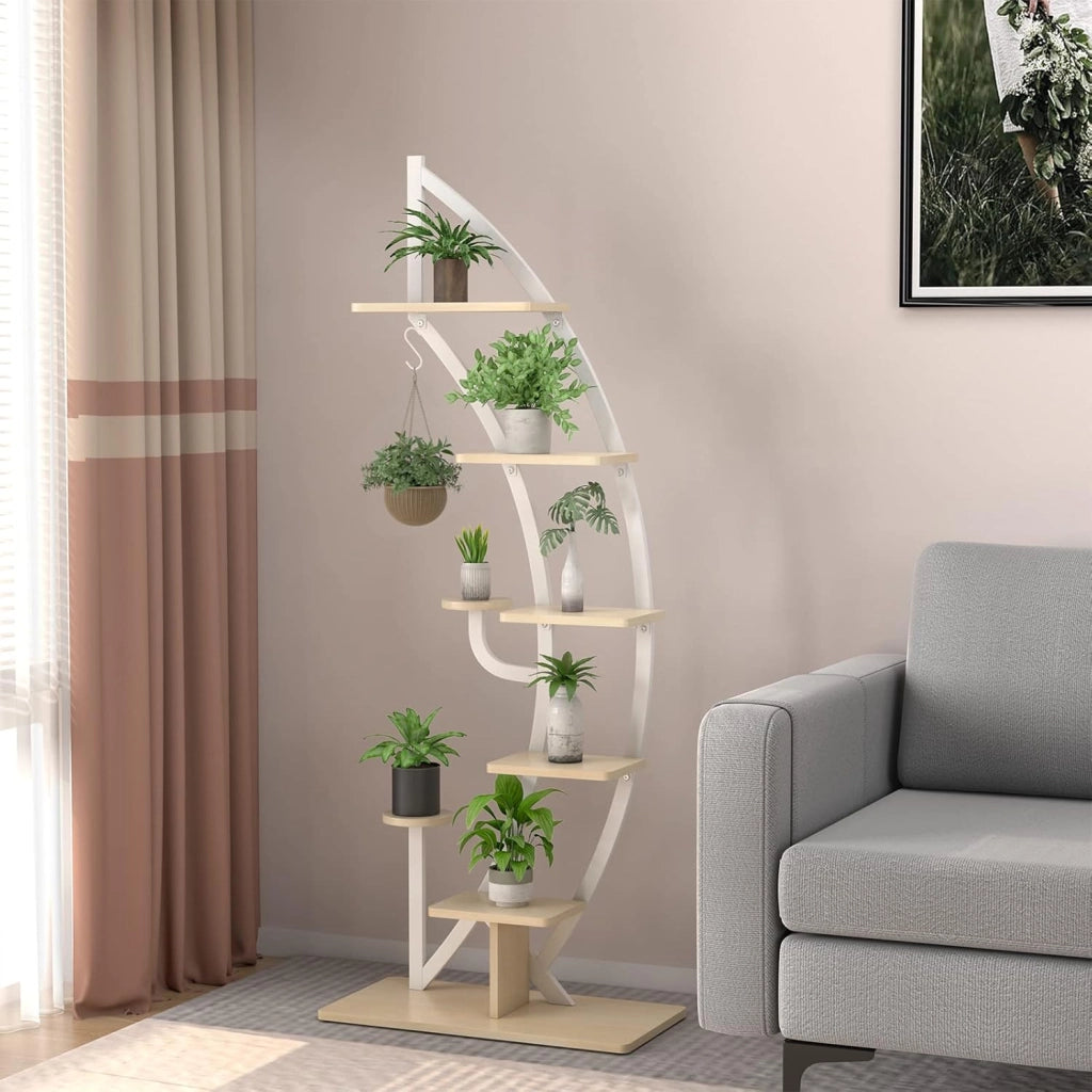 Scaffale per Piante a 7 Livelli, Scaffale a Forma di Mezza Luna con Gancio e Dispositivo Antiribaltamento, Porta Piante e Fiori per Soggiorno, 60 x 30 x 155 cm (2 PEZZI BIANCO)